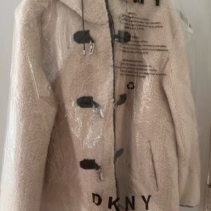 DKNY Women's Cream Shearling Hooded Coat with Toggle Closures